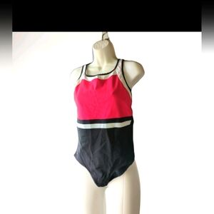 Women's Square Neck Ribbed One Piece Swimsuit Black/Red/White SZ 16 Built N Bra